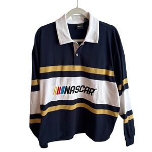 NASCAR Mens Long Sleeve Rugby Shirt Polo Collared Navy White Gold Stripes Size M